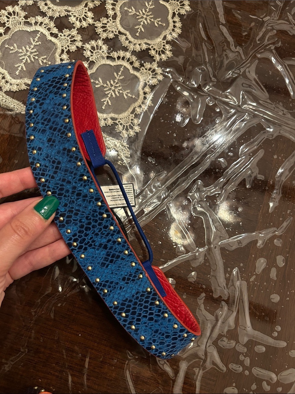 Juicy Couture Blue Snake-Print Studded Headband with Red Lining
